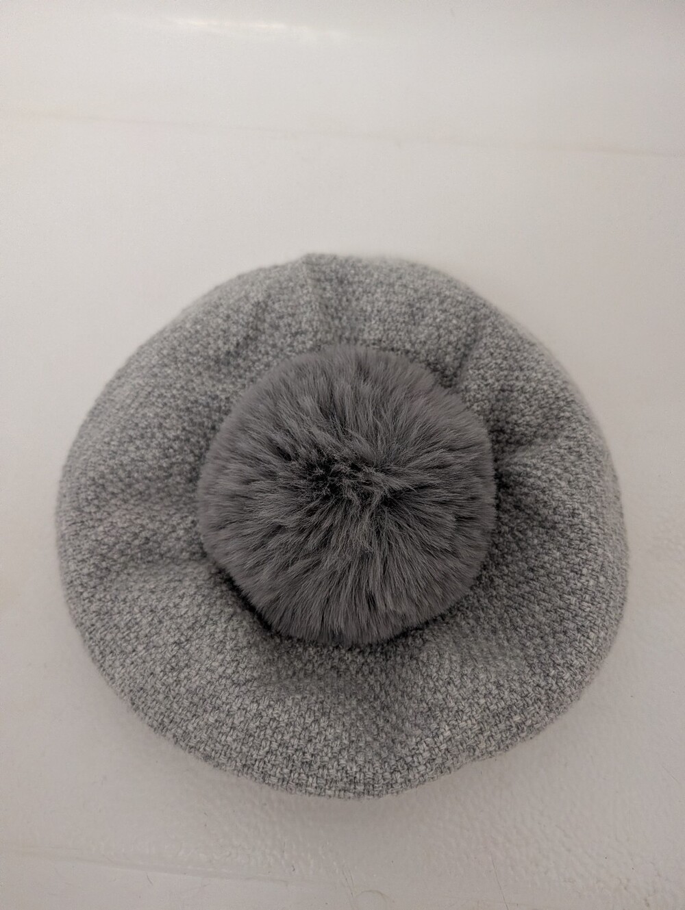 Classic Gray Knit Beret with Faux Fur Pom